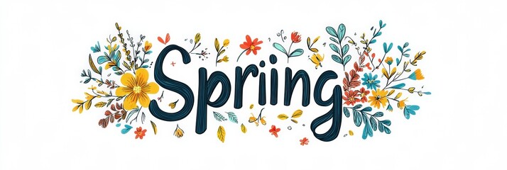 "Spring" Word with Hand-Drawn Flowers in Organic Style on Clean White Background, Artistic Floral Typography, Perfect for Seasonal Decor, Poster, Wall Art, Copy Space for Creative Projects. Poster
