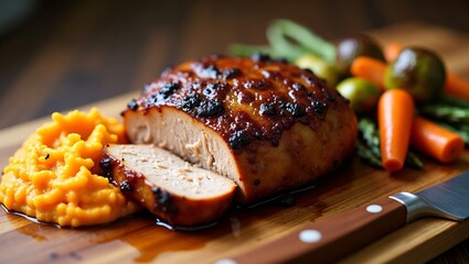 Bourbon-glazed pork tenderloin with roasted vegetables and creamy mashed sweet potatoes, set on a rustic board, evoking autumnal comfort and cozy dining.