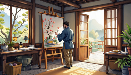 Artist painting blossoms in bamboo studio, creative inspiration, Qingming Festival, watercolor style