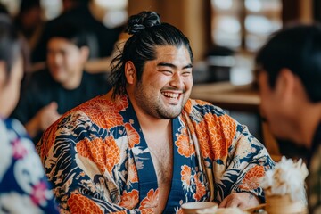Joyful gathering among friends in traditional clothing at a cozy Japanese tea house during a sunny afternoon
