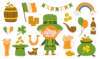 Collection of St. Patrick's Day elements with leprechaun, clover, rainbow and other symbols of the holiday on a white background.
