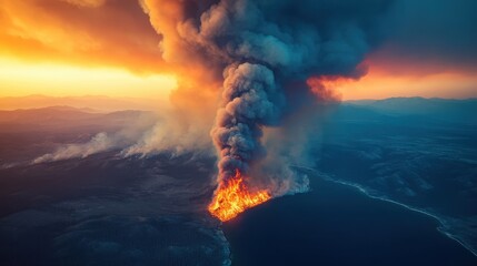 Aerial view wildfire burning landscape sunset