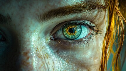 Close-up of freckled face, green eyes, wet hair; underwater beauty shot