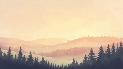 Naklejka premium Minimalist Scandinavian nature illustration, serene Nordic landscapes, misty pine forests, gentle rolling hills, pastel sunset sky, clean line art, soft earthy tones, tranquil and peaceful atmosphere,