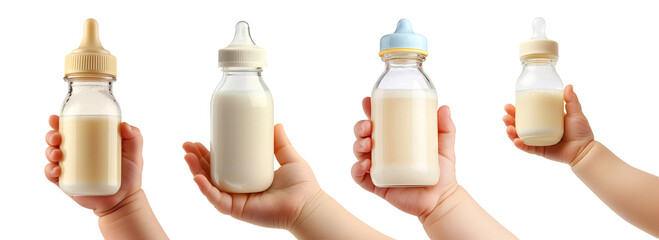 Set of baby hands holding milk bottles, isolated on transparent cutout background