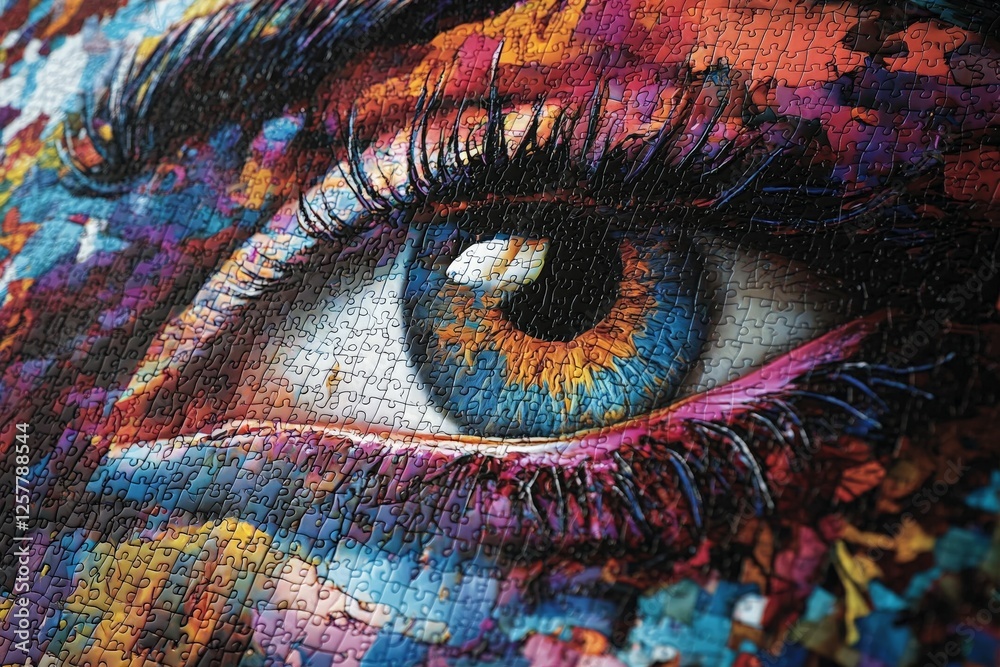 Poster colorful puzzle depicting a detailed eye surrounded by vibrant abstract patterns and textures