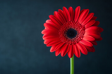       There is a red flower that is in a vase on a black background