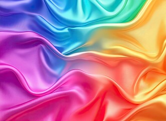 Obraz premium Abstract rainbow-colored background with waves of fabric, silk, or satin cloth texture, bright colors, rainbow-colored background. 