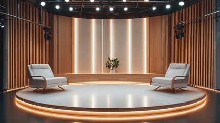 Minimalist Scandinavian TV studio, sleek modern interior, clean neutral color palette, soft warm lighting, 