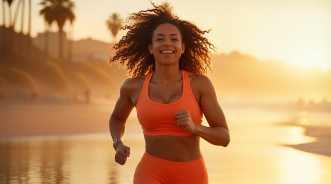 Athletic Woman Jogging Along California Beach During Inspirational Golden Hour Run - Powered by Adobe