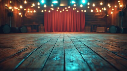 Rustic wooden stage with red curtain and string lights