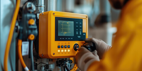 Close up of technician operating solar inverter panel display