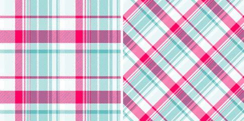 Vibrant pink  teal plaid patterns.  Perfect for fashion, textile design, or scrapbooking projects.  These cheerful, seamless designs offer a modern take on classic checks.