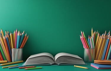 A green chalkboard background with books and school supplies on the table, suitable for educational or learning themes. The composition includes an open book and colored pencils in front of it.
