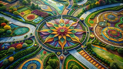 Aerial View of Hand-Painted Herb Artwork on Transportation Network
