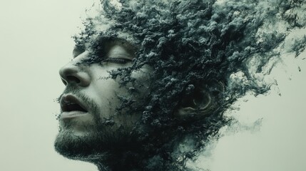 Man's head dissolving, artistic portrait, grey background, conceptual art