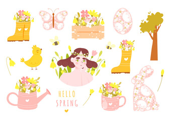 Set of cute spring and Easter vector elements isolated on white background - flowers in watering can, rubber boots, girl surrounded by flowers, floral bunny and egg, baby chicken, tree
