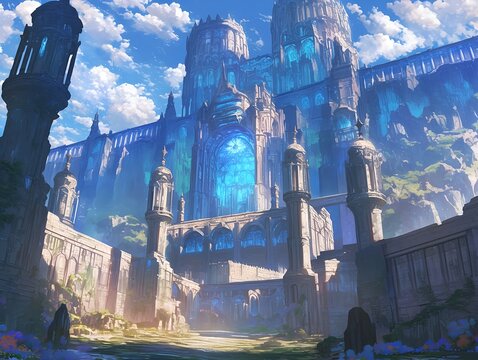 Fantasy castle city with radiant light and starry sky, anime style