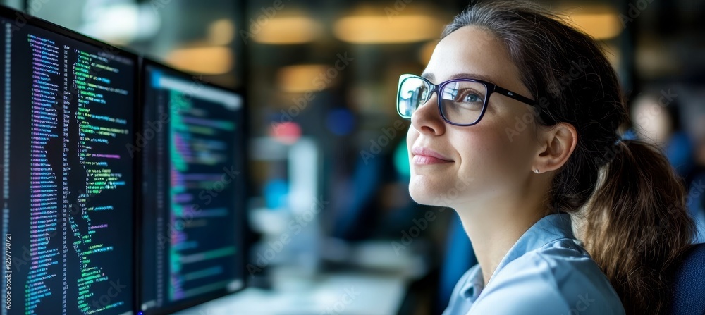 Poster caucasian woman programming on saas platform with dual monitors, creating startup solution