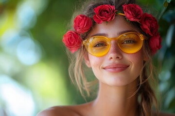 Fototapeta premium Young woman with a floral crown and yellow glasses enjoys a sunny day in a lush garden background