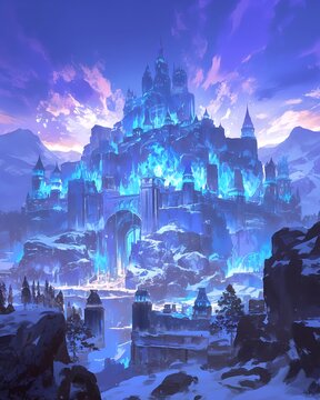 Fantasy castle city with radiant light and starry sky, anime style