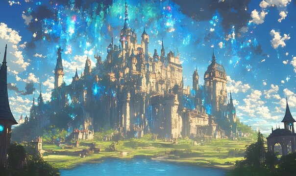 Fantasy castle city with radiant light and starry sky, anime style