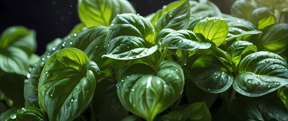 A closeup of lush green basil leaves glistening with morning dew inviting culinary inspiration and the joys of home gardening