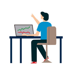 Man with a computer with pointing bars chart on a desk on a white background