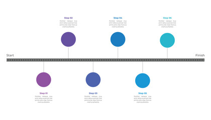 Road map infographic with 6 steps timeline journey.