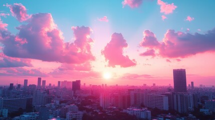 Fototapeta premium Pink sunrise over city skyline, urban landscape