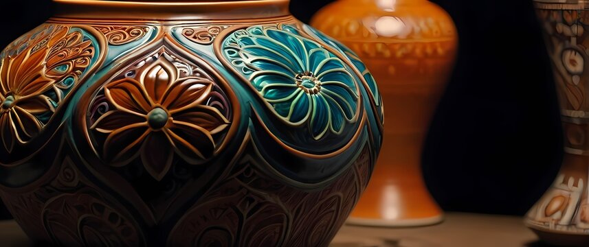A closeup of intricately designed artisan pottery adorned with lush colors inviting admiration for craftsmanship and creativity in art