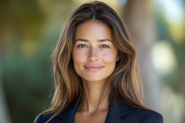 Fototapeta premium Smiling woman outdoors enjoying a sunny day with greenery in the background and natural light accentuating her features