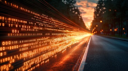 Fast data stream on highway sunset