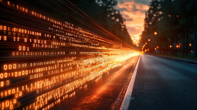 Fast data stream on highway sunset