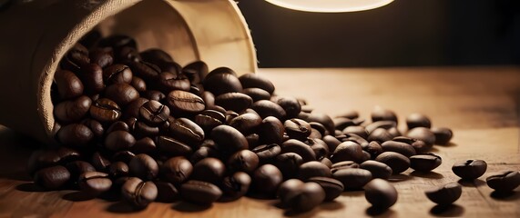 Fototapeta premium A closeup of fresh coffee beans resting on a wooden table inviting admiration for the craft of brewing and the joy of flavors to come