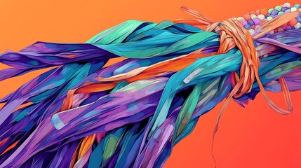 Vibrant ribbons swirl dynamically against warm orange background creating abstract art. AI Generated