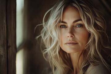 Naklejka premium Portrait of a woman with natural beauty in soft light near a window in a rustic setting