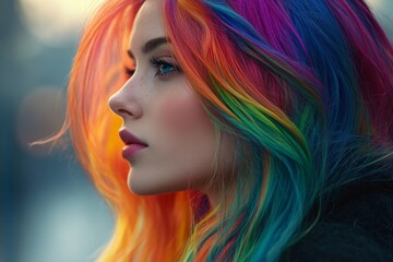 Fototapeta premium Colorful hairstyle showcases vibrant rainbow locks of a young woman during golden hour in an outdoor setting