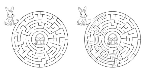 Vector Round Easter Maze - Black and White Bunny and Basket Puzzle Design