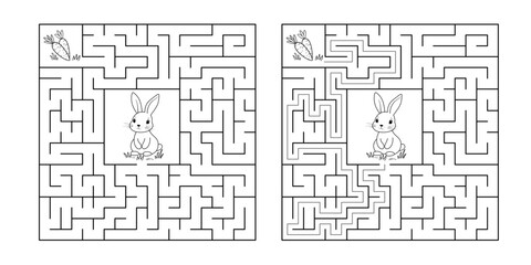 Vector Square Maze Game - Black and White Easter Bunny Carrot Hunt Puzzle