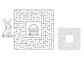 Vector Easter Basket Maze - Black and White Square Puzzle with Bunny Design