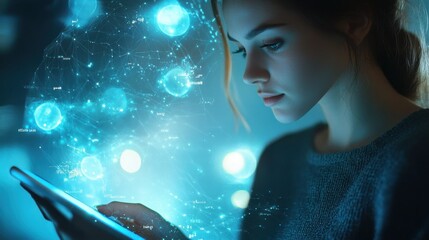 Attractive businesswoman using tablet with creative glowing digital business interface on blurry blue background. Finance, innovation, trade and growth concept