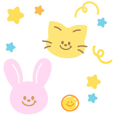 Pink bunny and cat illustrations for animal, zoo, souvenir shop, cartoon, character, sticker, comic, mascot, cute patch, brooch, kid doll, toy, fabric print, decoration, happy easter, pet shop, vet