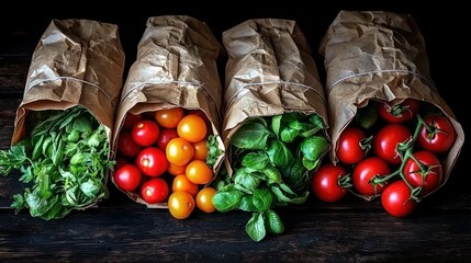 Farm-fresh produce in paper bundles, rustic wood background, healthy food packaging