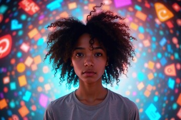 young woman with afro in digital vortex neutral look
