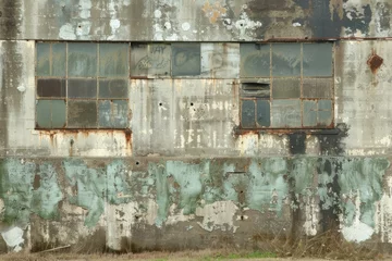 Selbstklebende Fototapeten Photo of White rotten wall of old abandoned industrial building. Detailed photo textured background © Marharyta