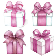 Purple ribbon on gift box watercolor set hand drawn