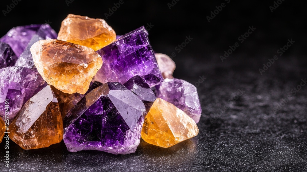 Poster A pile of purple and orange crystals on a black surface