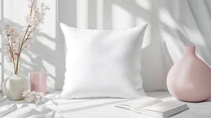 A calm and cozy arrangement featuring a white pillow, minimal pastel-colored vases, and decorative plants. Perfect for interior design, relaxation, or promoting comfort and style in home decor.