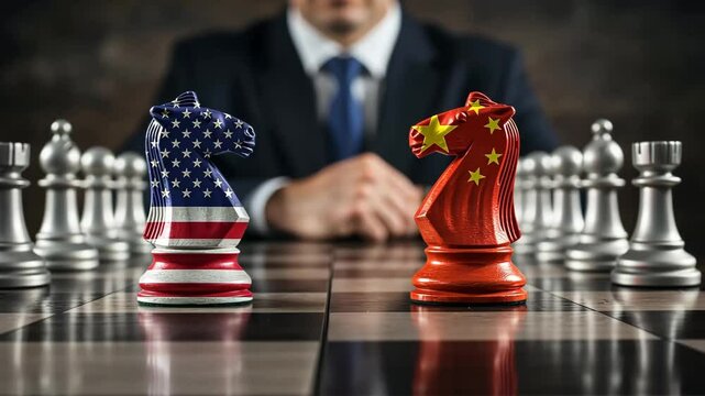 Chess, USA and China flags with knight pieces for strategy, competition and politics. Trade war, conflict and international relations with geopolitical tension or global power